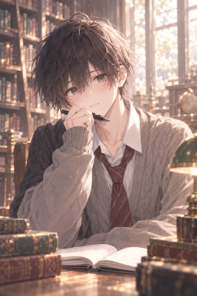 図書館でペンを手に考える天野颯真